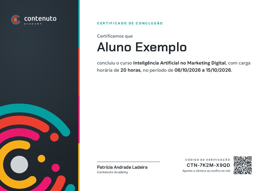 Modelo do certificado do curso Capacitação em UX Writing, com o nome Aluno Exemplo